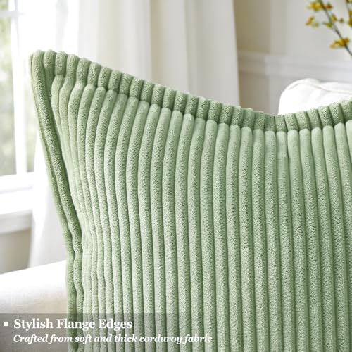 decorUhome Corduroy Sage Green Throw Pillow Covers 16x16 Set of 2 Decorative Soft Boho Striped Neutral Euro Farmhouse Couch Pillow Cases with Broadside for Living Room Bed Sofa