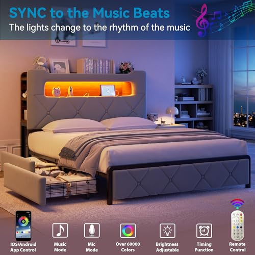 Image of Queen Upholstered LED Bed Frame with 2 Storage Drawers and 2-Tier Storage Headboard, Velvet Platform Bed with Charging Station & Bookcase, Heavy Duty Metal Support, No Box Spring Needed, Grey