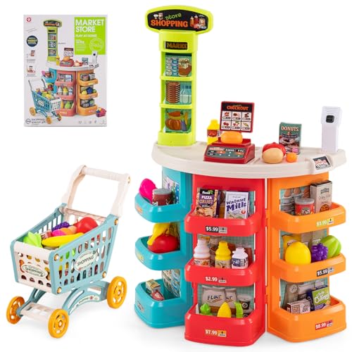 FANTASK 76 Piezas supermercado supermercado con Carrito de la Compra, báscula, escáner con luz y Sonido, Tienda de Comerciantes con Comida y Accesorios para niños a Partir de 3 años (Rosa)