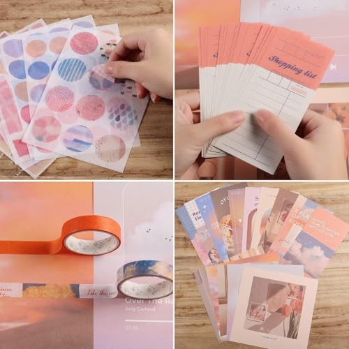 Image of VOTDOT (346Pcs) Paper Junk Journal & Scrapbook Kit, Scrapbooking Supplies Kit with Creative Decor Journaling Supplies, Stationery, Stickers, A6 Grid Notebook with Graph Ruled Page Gift for Girl Sunset