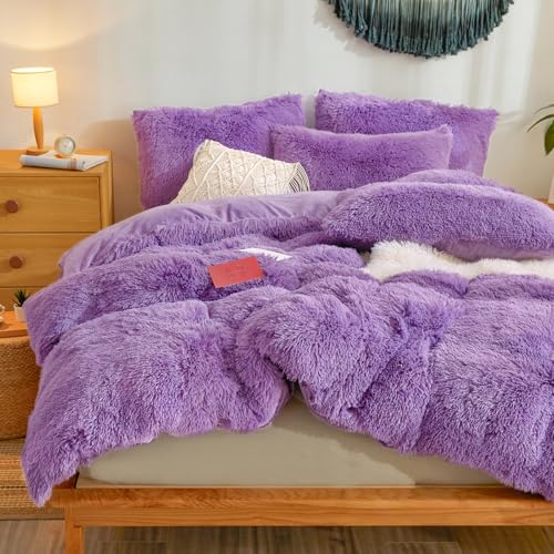 Furry Fluffy Purple Comforter Cover Twin Set – Faux Fur Furry Purple Bedding 2-Piece Set (1 Plush Duvet Cover + 1 Shaggy Pillow Sham) Cozy Bed Set