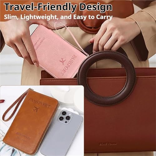 Rowgins Leather Travel Wallet with RFID Protection, Multi-Functional Passport Cover Case with Anti-Theft Zipper Closure(Brown)3
