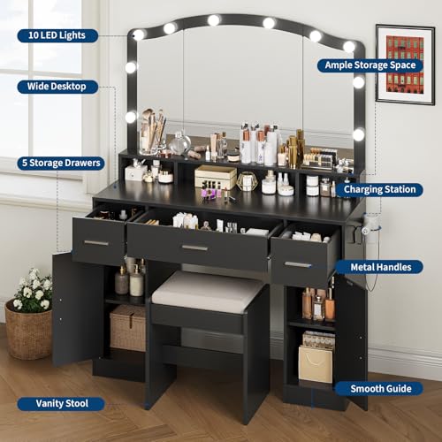 Garvee Vanity Desk with LED Lights and Storage, 10 Adjustable LED Mirror, 3 Drawers, 2 Cabinets, Charging Station AC/USB, Includes Stool, Dressing Table for Women/Girls Bedroom, Black