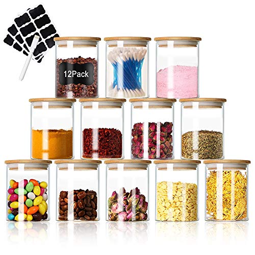 Glass Food Jars Set, 7oz 12 Piece Small Storage Containers Glass Canister Set with Airtight Bamboo Lid and Chalkboard Labels for Home Kitchen, Tea, Herbs, Salt, Sugar, Pasta, Nuts, Coffee (200ML)