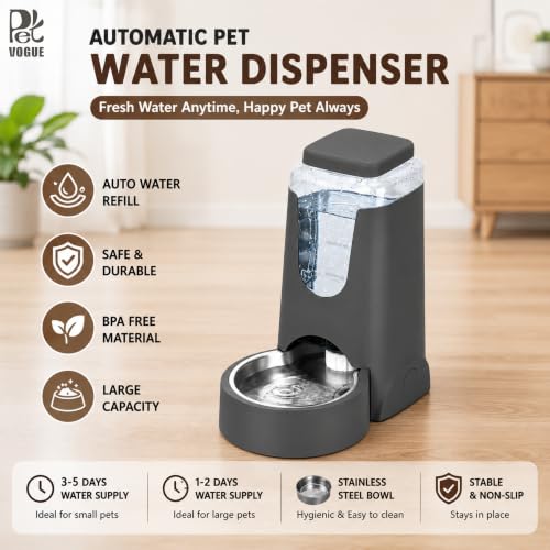 Image of PetVogue Automatic Cat Water Dispenser with Stainless Steel Bowl Dog Gravity Waterer for Small Medium Pets Puppy Kitten