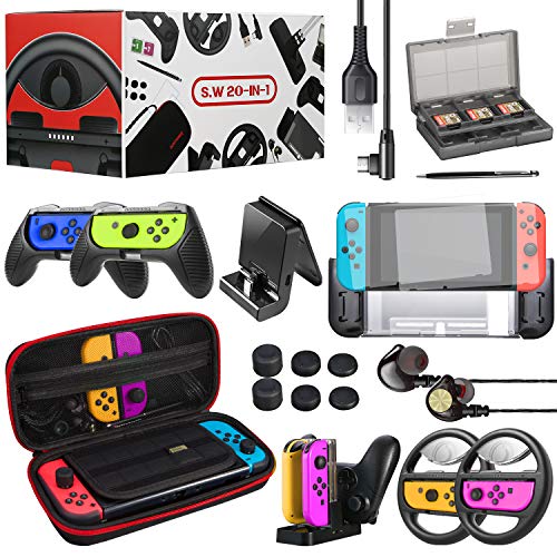 ECHTPower Accesorios para Nintendo Switch, con Funda de Transporte, Cubierta, Protector de Pantalla, Joy-con Grip y Volante, Caja de Tarjetas, Base de Cargador, Auriculares, etc