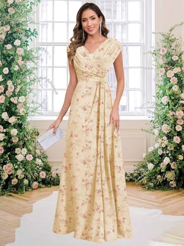 GUKARLEED Women’s Pleated Mother of The Bride Dresses Cap Sleeves Chiffon Lace Appliques V Neck Formal Wedding Guest Dress3