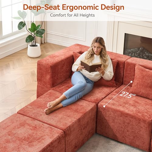 Image of MONVANE Modular Sectional Cloud Couch for Living Room - 130'' 6 Seater Convertible Chenille Couches Set with Ottoman, No Assembly Compression Sofas, Comfy Floor Sofa with Memory Foam, Rust Red