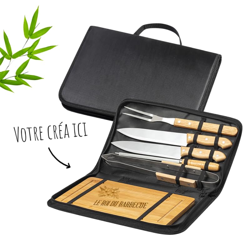 Kit Barbecue Utensili da Personalizzare con Incisione - Vero Set Barbecue Accessorio in Bambù e Acciaio Inox [Accessorio Barbecue ] (Set 6 USTENSILE)