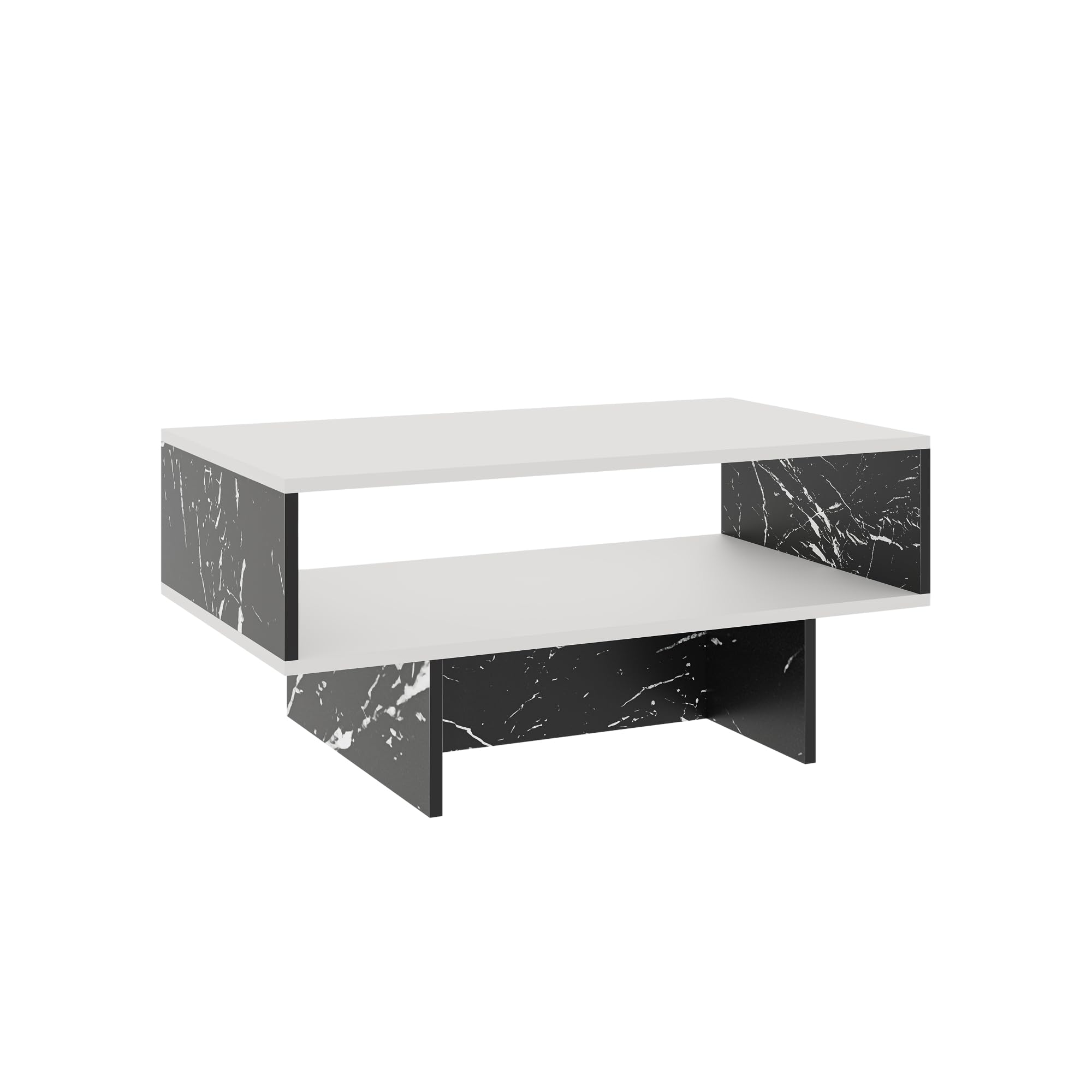 [en.casa] Mesa de Centro Mesa Auxiliar Rectangular Mesa Baja Estable con Estante para Salón Aglomerado 37 x 80 x 45 cm Blanco/Mármol Negro