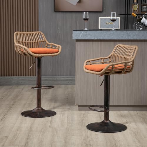Butacos giratorios de ratán PE, ajustables en altura, set de 2 unidades, con respaldo tejido y asiento tapizado, estilo retro, color naranja