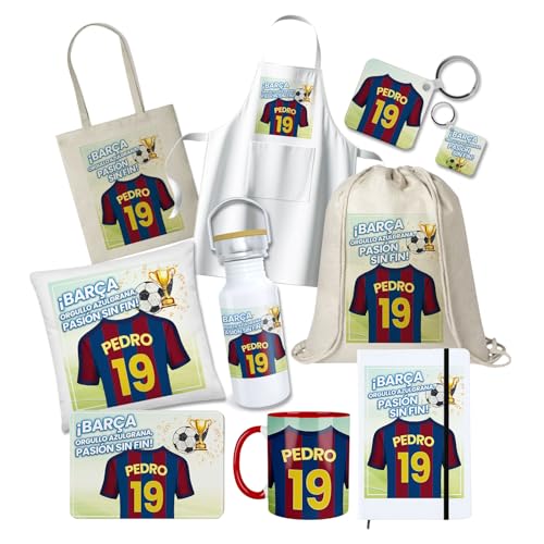 Kembilove® Pack Regalo Personalizado Barcelona Fútbol | Regalo Único Fan Barcelona Nombre Número | Souvenir Oficial Equipo Barcelona Regalo Fútbol para Aficionados Leales del Club Blaugrana
