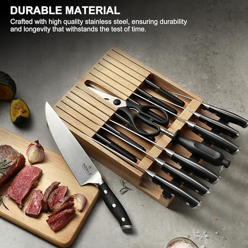 Image of Knife Set with Block, N NOBLE FAMILY 16Pcs Kitchen Knives Drawer Organizer Set with Sharpener, Cutting Board, Anti-Slip Chef Knives Set with 6Pcs Steak Knives, Black