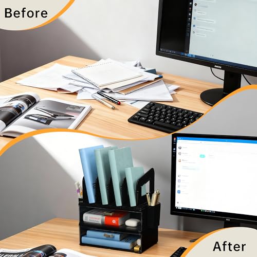 Image of CiWiVOKi Desk Organizer with 4 File Slots and 2 Drawers, Black | File organizer with dual pen holders and storage compartments for mail, documents and office supplies