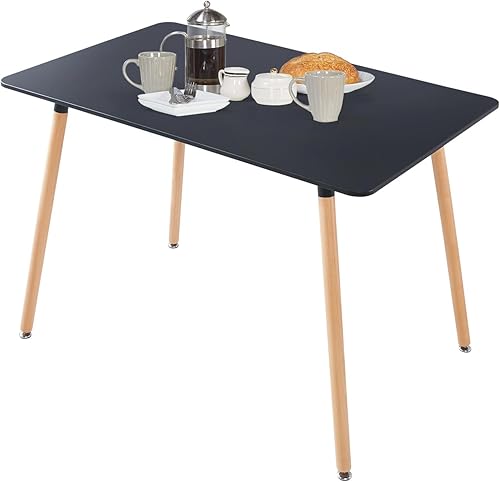 Mesa de comedor rectangular moderna de mediados de siglo, mesa de comedor negra de 45 pulgadas con mesa de MDF y patas de madera de haya, mesa de