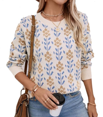Womens Trendy Floral Sweaters Flower Printed Crewneck Knit Sweater Cute Loose Long Sleeve Fashion Pullover Tops