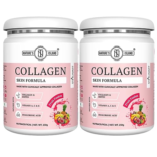 Image of Nature's Island Hydrolyzed Marine Collagen for Skin, Hair supplements for men, Women with Collagen Powder, Hyaluronic Acid, Biotin & Vitamin A, C, E - 250gm (Pack of 2 (Fruit Fusion))