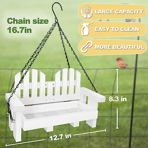 Swing Bird Feeder, White Birdfeeder for Outside with Metal Mesh Bottom, Solid Wood Cute Hanging Bench Bird Feeders or Squirrel Feeder for Yard