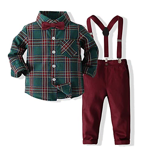 Image of Kimocat Toddler Boy Clothing Sets Plaid Shirt Bowtie and Suspender Strap Pants Outfits
