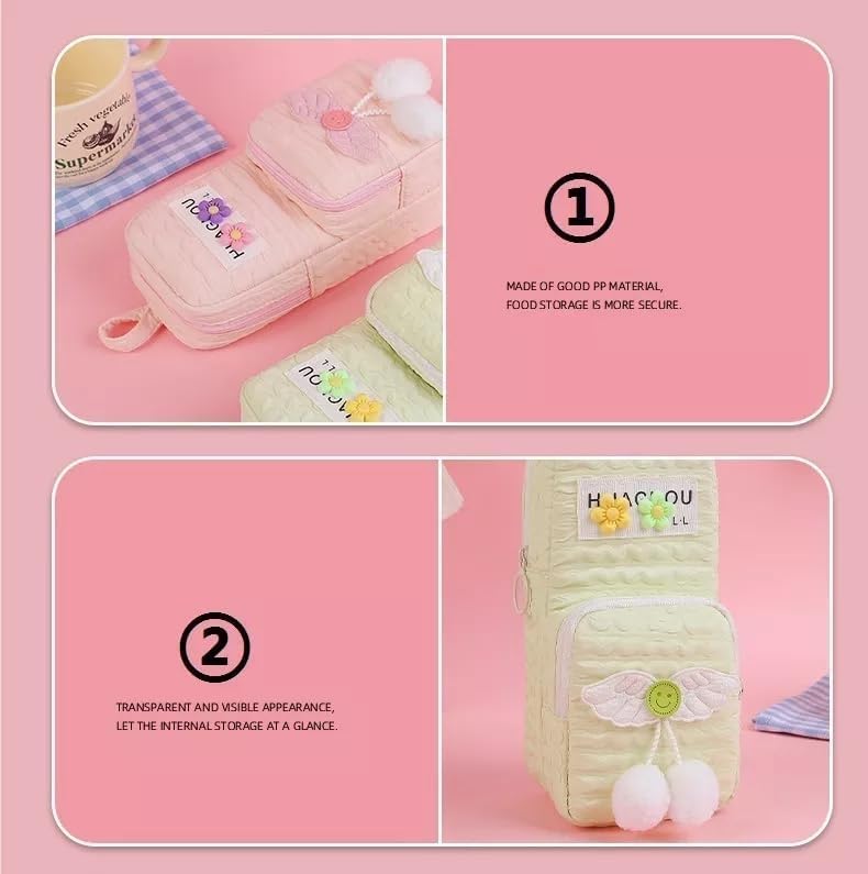Image of Zqiue Two Layer Aesthetic Pencil Pouch with Plush Ball Decoration for Girls, Smooth Zipper Cute Stationary School Pouches for Kids, Large Capacity Pencil Box for Boys