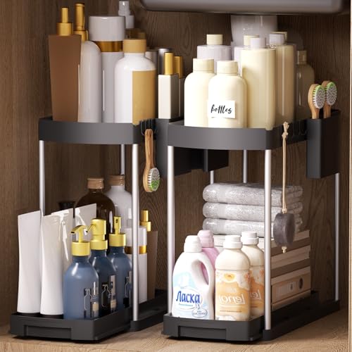 BefeShine 2-Tier Under Sink Organizer Pull Out, Slide Out Cabinet Organizer for Kitchen Sink and Bathroom Vanity, Multi-Purpose Storage with Hooks & Cups (2-Pack)
