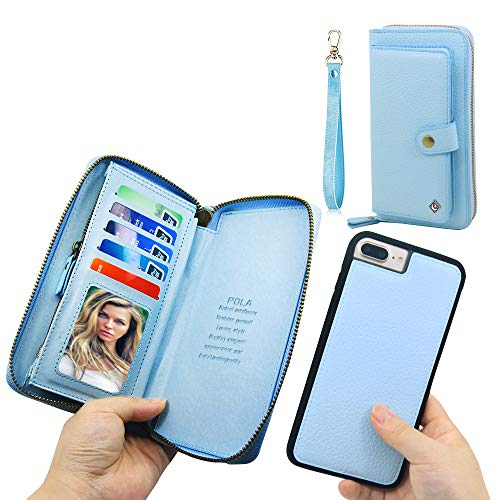 iPhone 7 Plus Wallet Case - JAZ Zipper Purse Detachable Magnetic14 Card Slots Money Pocket Clutch Leather Wallet Case for Apple iPhone 8 Plus/iPhone 7 Plus Sky Blue