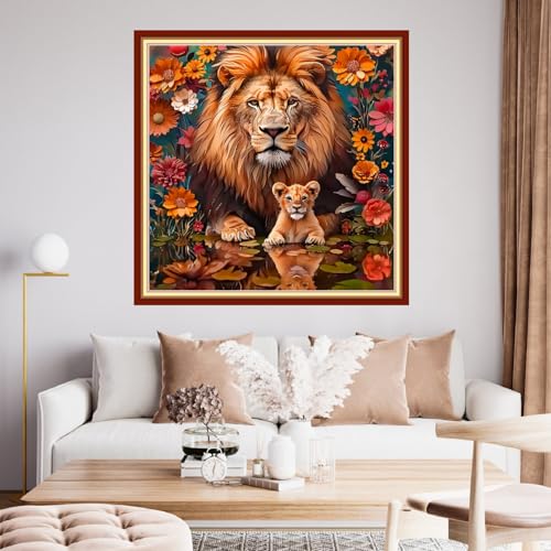 Image of Funchey Stamped Cross Stitch Kits, DIY Cross Stitch Pattern for Adults Beginners Needlepoint Kits Embroidery Kit Arts and Crafts 11CT&Lion Flower 18x18 inch