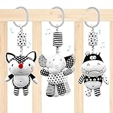 Euyecety Newborn Toys Black and White Baby Toys, Infant Toys Car Seat Toys Stroller Toys Hanging Rattles Toys with Wind Chimes, Crib Toys Baby Girl Boy Toys for 0-3 Months, 3-6 Months (3 Packs)