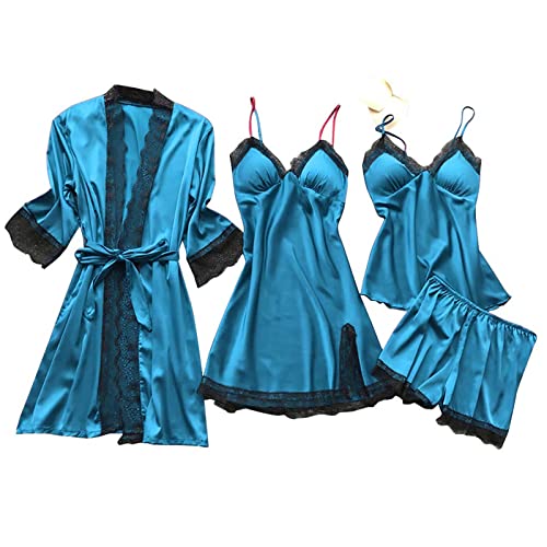 Sexy Pajamas for Women Silk Pajama Set 4pcs Robe Lingerie Satin Sleepwear Nightdress Lace Kimono Nightgown Sets Pjs
