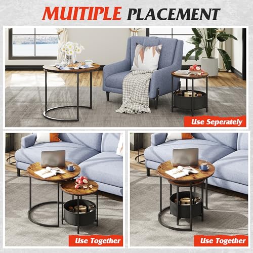 WLIVE Round Coffee Tables for Living Room, Nest of Tables Set of 2 with Fabric Storage Basket, Side Tables for Bedroom, Office, Balcony, Rustic Brown - Image 7