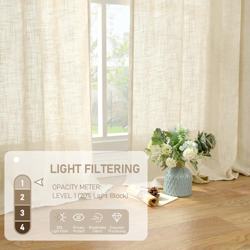 LAMIT Semi Sheer Beige Linen Curtains 36 Inch Length 2 Panels, Light Filtering Panels Back Tab and Rod Pocket Neutral Drapes for Bathroom/Kitchen/Loft Room, 25 x 36 Inch