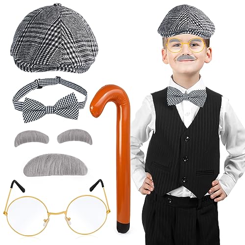 Yewong Kids Old Man Costume Beret Hat Mustache Eyebrows Inflatable Cane Glasses Bowite Grandpa 100 Days of School Cosplay