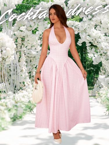 Image of ChiaoLezhee Deep V Neck Dress, Halter Maxi Dresses, Vacation Date Night, Sexy for Women Corset Flowy Wedding Guest Drop Waist
