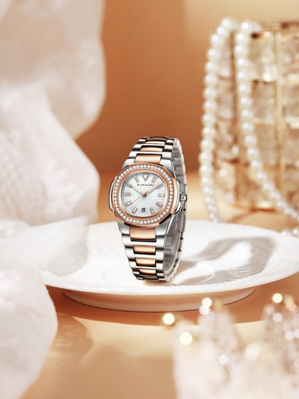 Image of Giordano Luxury Analog Quartz Watch for Women with Square Textured Dial, Crystal Indices, Date Display Function and Stainless Steel Strap - GZ-60116