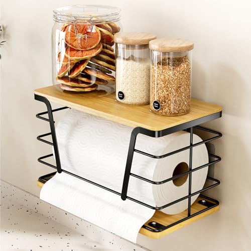 TOPORDO Paper Towel Holder Wall Mount and Countertop, Paper Towel Holder for Kitchen, Bathroom and RV Organization, Self Adhesive or Drilling, Stylish Design, Black