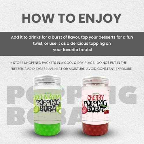 Image of ZAWAA 2 Popping Boba (Each 300gm) Total 600gm (Fruit Flavours), 2 Stainless Steel Straws (12mm), 1 Cleaning Brush, 1 Boba Scoop (Green Apple + Cherry)