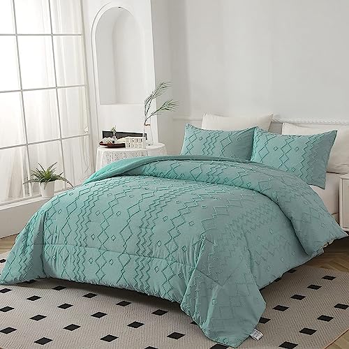 Boho Queen Comforter Green Bedding Set Tufted Farmhouse Comforter Set Embroidery Shabby Chic Bedding Comforter Set Soft Microfiber Lightweight Comforter With 2 Pillowcases(Sage Green,Queen) #TOP28