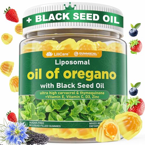 Oil of Oregano with Black Seed Oil Filled Gummies - 2 Months Supply - Aceite De Oregano Capsulas Alternative Carvacrol & Thymoquinone with VE VC D3 Zinc Liposomal Form Sugar Free Berry Flavor