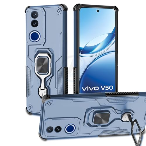 Image of AESTMO Armor Back Cover for Vivo V50 / V50E / T4R / iQOO Z10R 5G | Ring Holder & Kickstand & Camera Protection in-Built | 360 Degree Protection Back Case Cover (Blue)