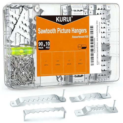 KURUI 100 Pack Sawtooth Picture Hangers Heavy Duty Picture Hanging Kit with Nails 4 Sizes with a Mini Gradienter for Hanging Picture Frames Artwork Paintings Silver