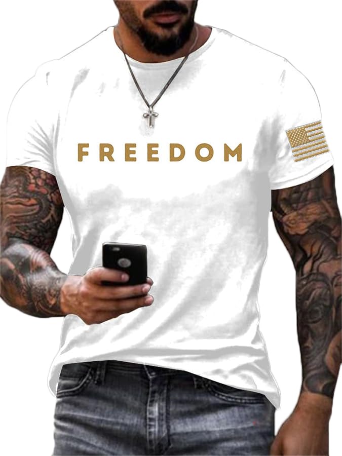 Men's Freedom Printed Round Neck T-Shirt Commemorative 1993 2025 America Flag Shirt