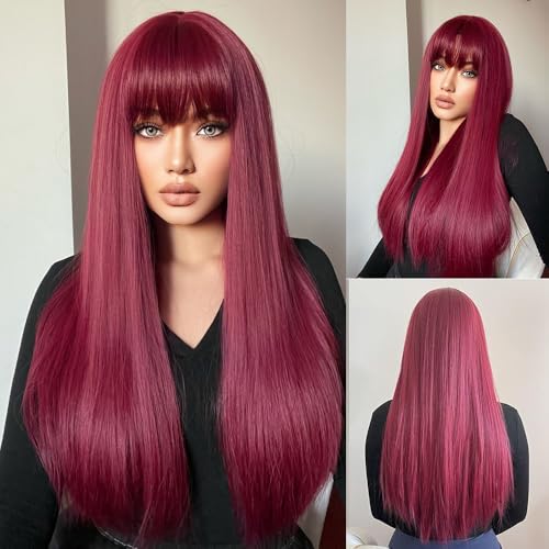 Esmee Parrucche Lunghe e Dritte Rosso Vino per le Donne Parrucca Cosplay con Frangia Capelli Naturali Capelli Sintetici Resistenti al Calore Parrucca Borgogna