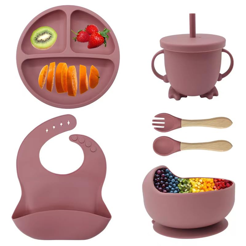 Eliano 6-teiliges Silikon-Baby-Set – rutschfester Teller, Schüssel, Becher mit Strohhalm, Gabel, Löffel, Lätzchen – spülmaschinenfest, BPA-frei, Mikrowellengeeignet – Für Kinder ab 6 Monaten