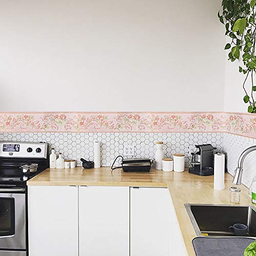 Yoillione Tapetenbordüre Selbstklebend Wandbordüre Bad Bordüre Blumen Rosa, Wasserdichte Klebe Tapete Bordüre Wand Bordüren für Wohnzimmer Badezimmer Schlafzimmer Wanddeko Stciker