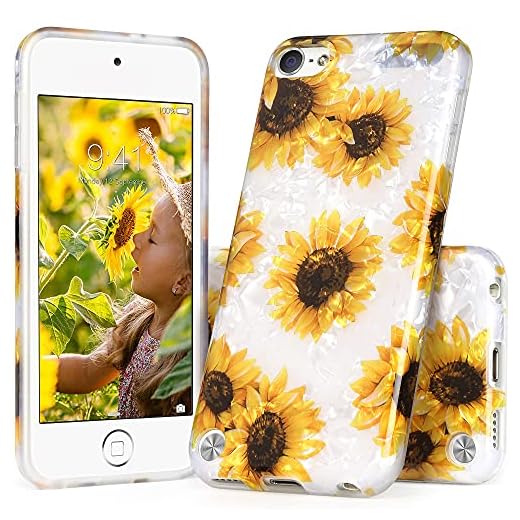 iPod Touch 7th Generation Case for Girls, IDYStar White Translucent Sparkle Clear Cheeath Design Cover, Lightweight Durable Soft Silicone Case for iPod Touch 5/6/7th Generation, Sunflower