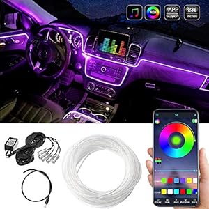 Automaze Car LED Interior Strip Light, 16 Million Colors 5 in 1 with 6 Meters Fiber Optic, Multicolor RGB Sound Active Automobile Atmosphere Ambient Lighting Kit - Wireless Bluetooth APP Control