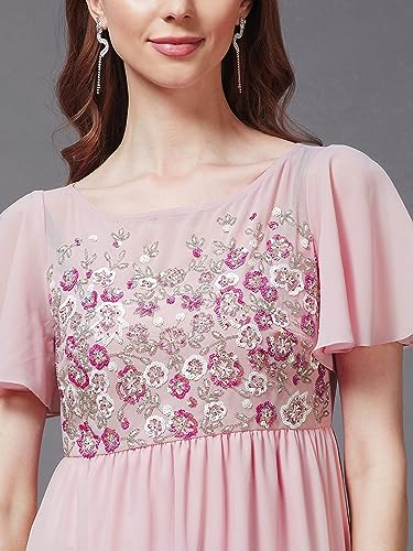 Image of Miss Chase Women's Round Neck Sleeve Embellished Fit Flare Maxi Dress