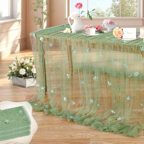 LuoluoHouse Sage Green Pearl Tulle Tablecloths: Set of 3 10ft