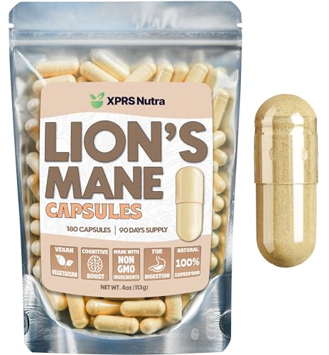 XPRS Nutra Organic Lions Mane Supplement Capsules - 180 Count (90 Day Supply) of Premium Lion's Mane Mushroom for Mental Clarity, Cognition and Immunity Lions Mane Powder