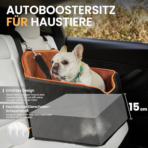 HiPetpy Hunde Autositz –Autositz mit Decke & dickem Kissen für kleine Hunde bis 14 kg/30 lb, Erhöhtes Design mit Sicherheitsleine, rutschfestes Hundebett fürs Auto mit Aufbewahrungstaschen (Braun)
